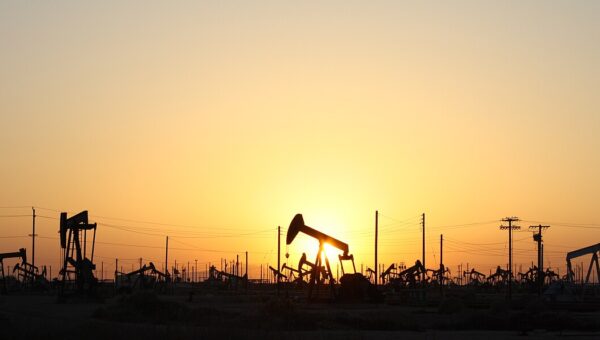 Pumpjack producing crude oil at an onshore well