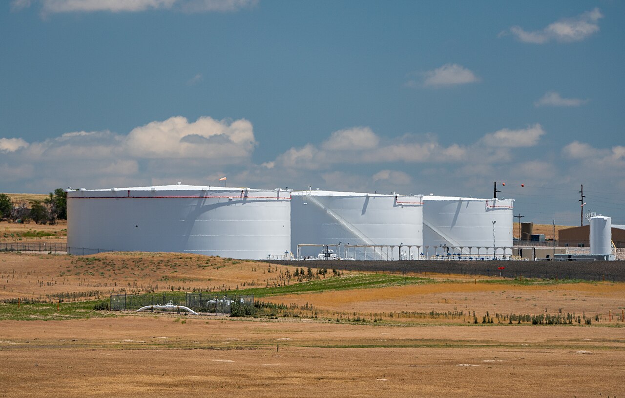 Large crude oil storage tanks at a terminal